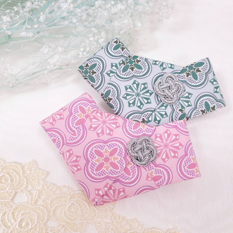 [Japanese style waist twisted knotted kumihimo hairpin] Japanese Linen and linen Japanese style printed fabric wishful knot spring clip - เครื่องประดับผม - ผ้าฝ้าย/ผ้าลินิน สึชมพู