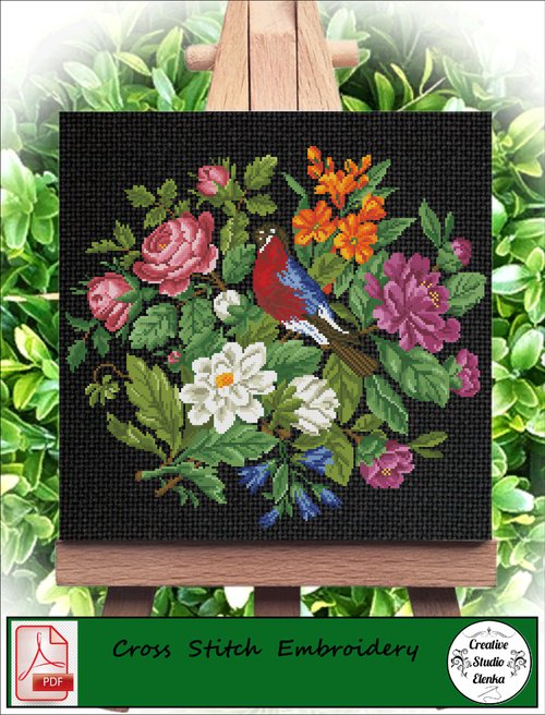 CreativeStudioElenka Vintage Cross Stitch Scheme Flowers and birds - PDF Embroidery Scheme