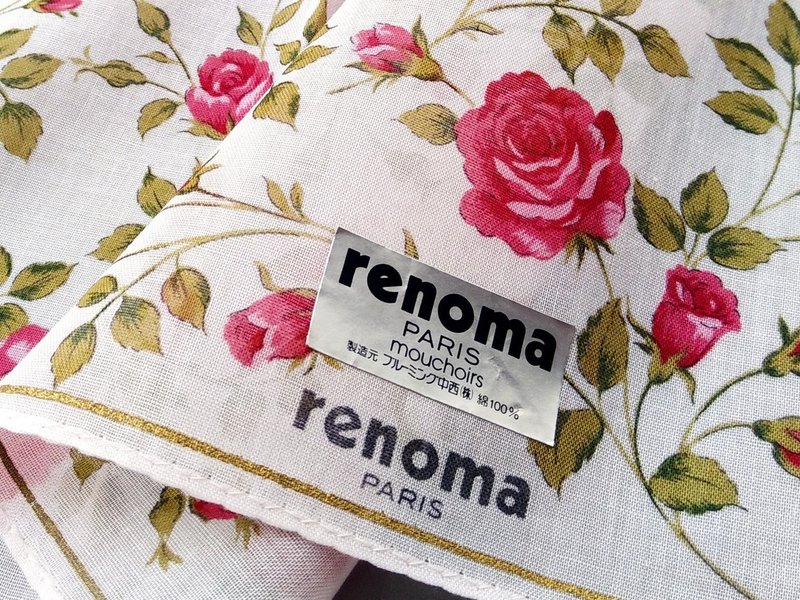 renoma Vintage Handkerchief 17 x 16.5 inches Floral Rose Women Handkerchief - 手帕 - 棉．麻 紅色
