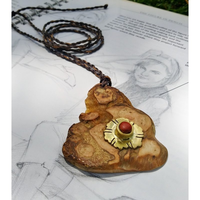 Wooden necklace with handmade brass flower for gift,  Soecial wooden necklace. - Necklaces - Wood 