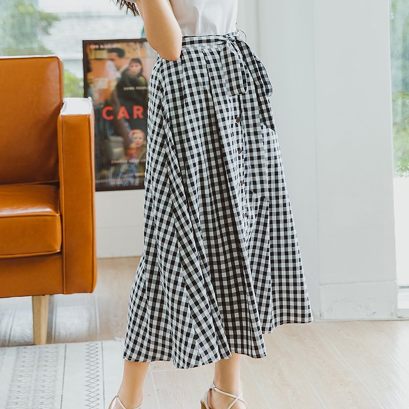 Anne Chen 2018 summer new literary women detachable belt lattice skirt - กระโปรง - ผ้าฝ้าย/ผ้าลินิน สีดำ