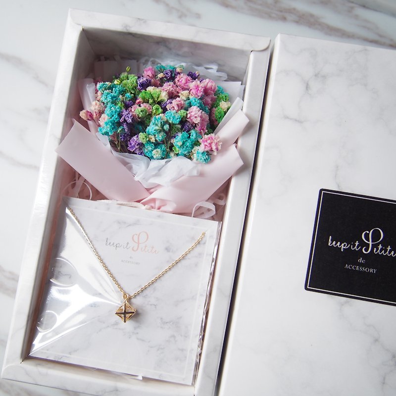 [Marble Pattern Gift Box Set] Colorful Dry Starry Bouquet + Six-Star Gold Plated Necklace - สร้อยคอ - วัสดุอื่นๆ สึชมพู