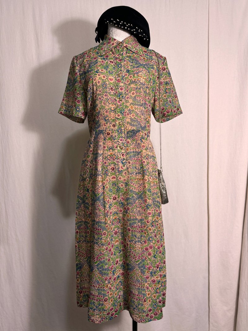 Vintage dress with gold buckles and flowers/brought back to VINTAGE from abroad - ชุดเดรส - เส้นใยสังเคราะห์ สีเหลือง