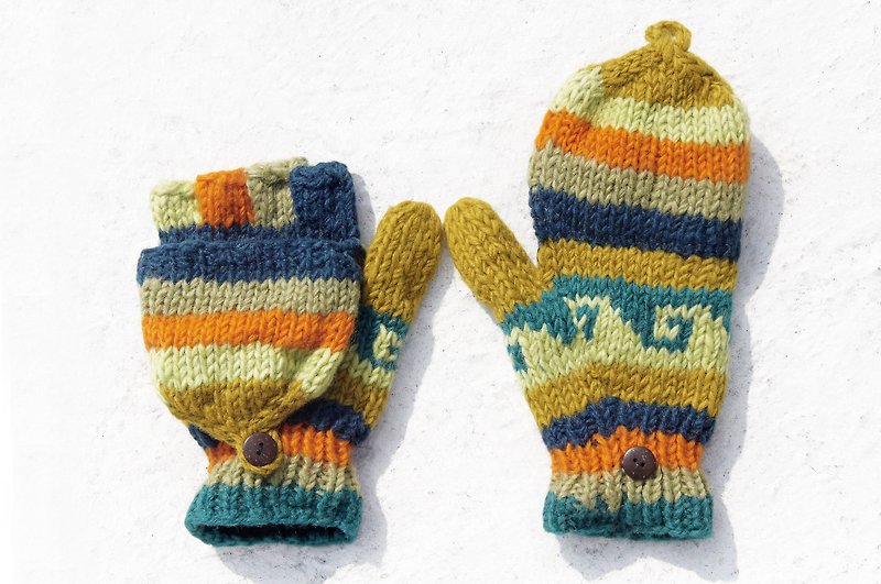 Christmas gift creative gift limited one hand-woven pure wool knitted gloves / removable gloves / bristles gloves / made in nepal - Spanish children's fun national totem - Gloves & Mittens - Wool Multicolor