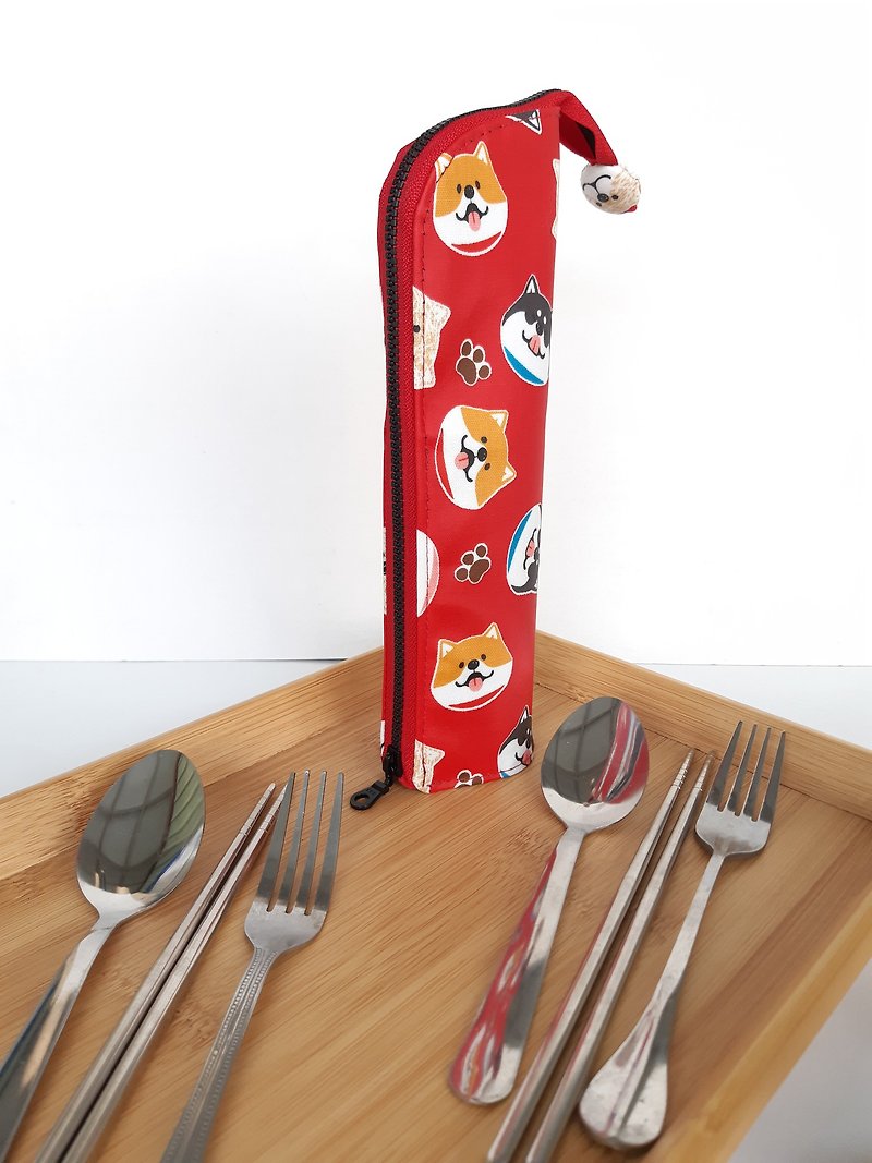 柴犬（赤）防水カトラリーバッグ誕生日交換プレゼントピクニックおでかけ緑小物 - 箸・箸置き - 防水素材 レッド