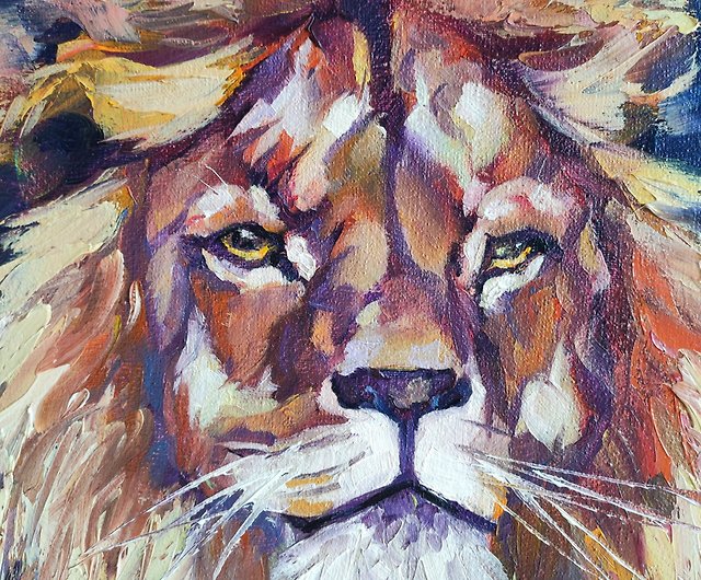 ライオン油絵オリジナル、動物ポートレートアートワークキャンバス