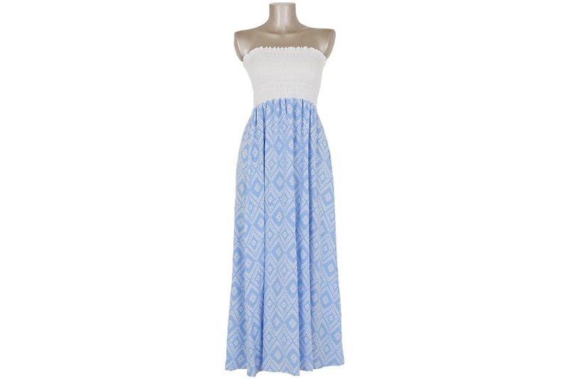 Ikat print tube top long dress <light blue> - ชุดเดรส - วัสดุอื่นๆ สีน้ำเงิน