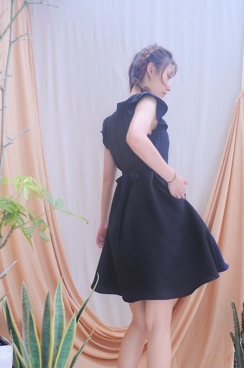 Vanessa Dress- Ruffle sleeves waist adjustable dress(Navy & Black) - One Piece Dresses - Cotton & Hemp Black