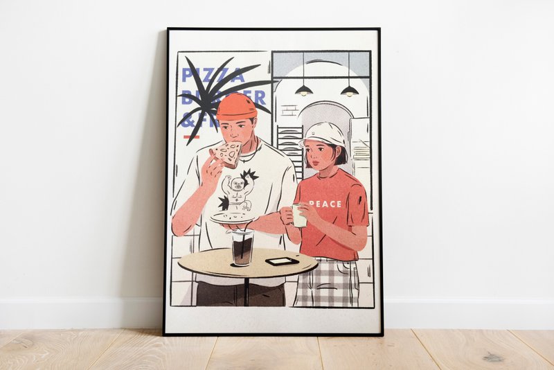 Couple outside coffee shop | A4 poster | Art print | - โปสเตอร์ - กระดาษ ขาว