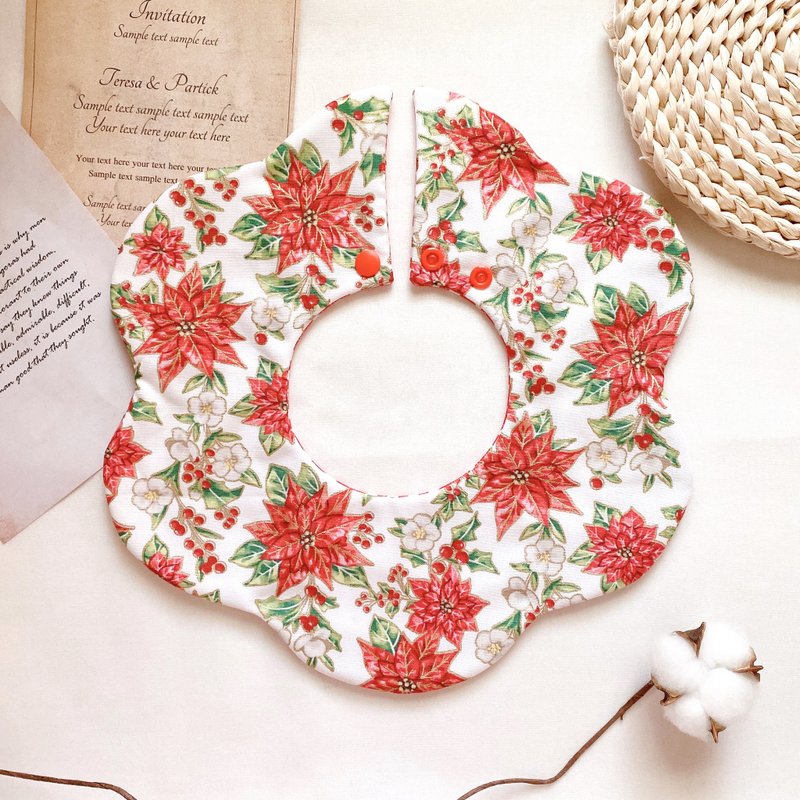 燙金聖誕紅花圈圍兜 手作圍兜 花兜 圍兜兜 聖誕節 handmade - 圍兜/口水巾 - 棉．麻 紅色