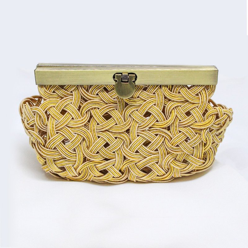 Mizuhiki Gamaguchi Pouch Gold beige stuffed with happiness - Toiletry Bags & Pouches - Paper Gold