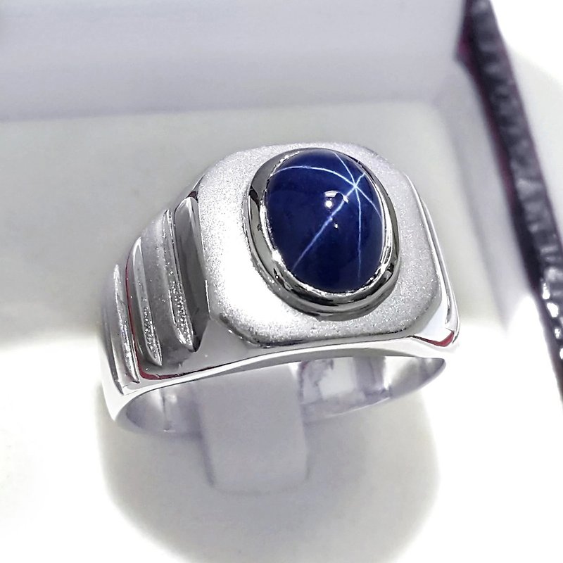 3.30 ct Natural star blue sapphier ring silver sterling size 7.0 free resize - 戒指 - 純銀 藍色