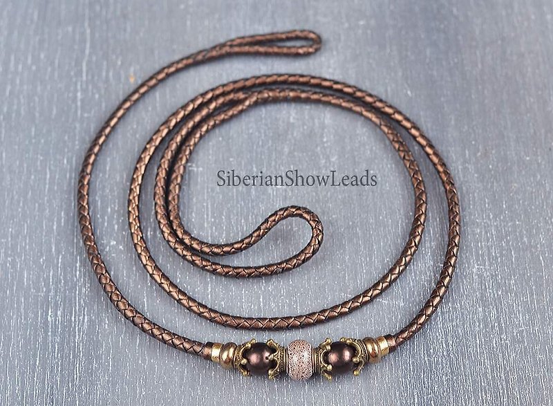 Genuine Leather Collars & Leashes - TO ORDER dog show leash with a small loop instead of a snap and decorative beads