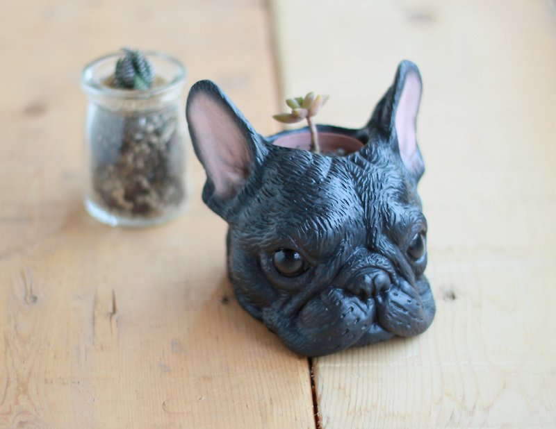 black frenchbulldog dog head statue Brush pot / Candlestick / Potted plants - ของวางตกแต่ง - พลาสติก สีดำ