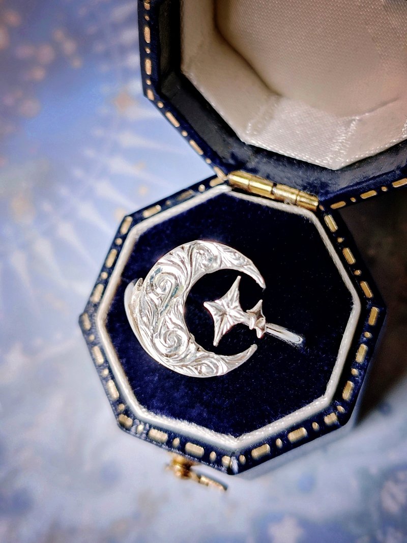 Hand Engraving Arabesque 12mm Moon Star Silver Open Ring - แหวนทั่วไป - เงินแท้ สีเงิน