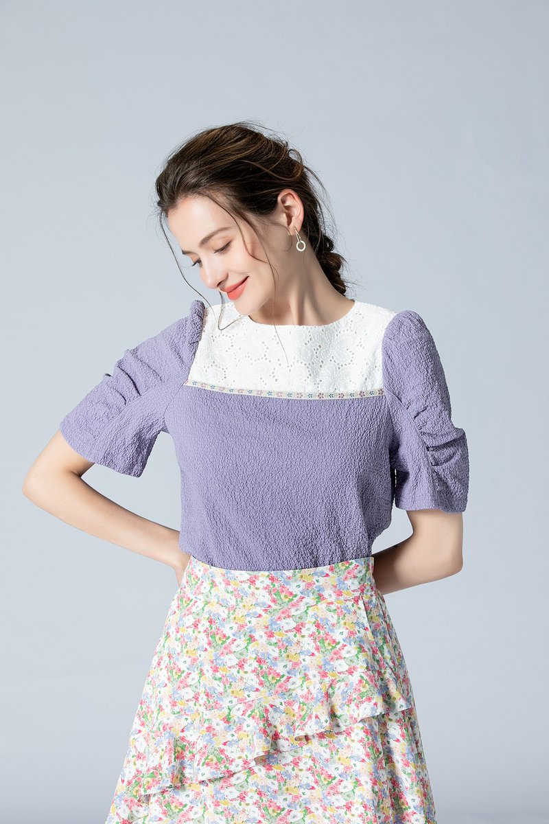 Lace Patchwork Puff Sleeve Top/Purple/Half Lined - Women's Tops - Polyester Purple