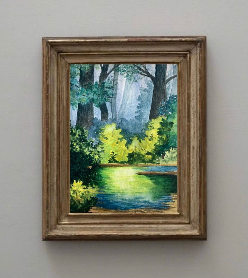 Original Watercolor Landscape Trees Art Sunny Forest Painting Lake Landscape - ตกแต่งผนัง - กระดาษ หลากหลายสี