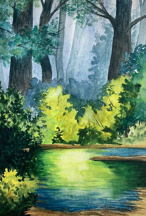 オリジナルの水彩画の風景の木アート日当たりの良い森の絵画湖の風景 