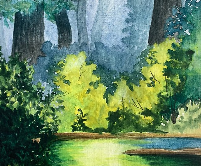 オリジナルの水彩画の風景の木アート日当たりの良い森の絵画湖の風景