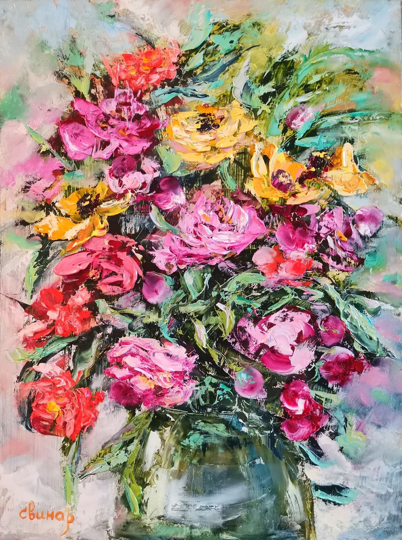 Peonies Roses Pink Yellow Flower Vase Oil Painting Impasto Original ArtistSvinar - อื่นๆ - วัสดุอื่นๆ หลากหลายสี