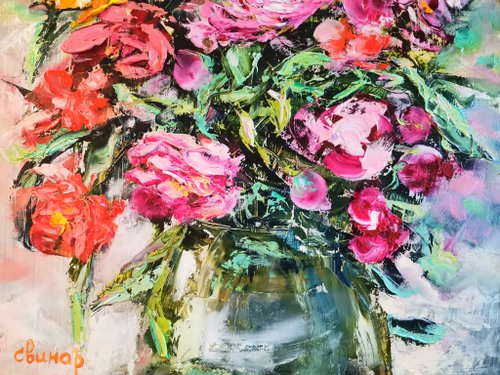 牡丹 バラ ピンク イエロー 花瓶 油絵 厚塗り オリジナル