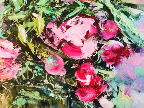 絵画　花瓶　油絵 ピンクと黄色のバラの花の花束花瓶油絵厚塗りオリジナル