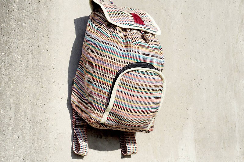 Limited one piece of natural hand-woven rainbow colorful canvas school bag/backpack/backpack/shoulder bag/travel bag-natural feel, colorful beige, goose yellow - กระเป๋าเป้สะพายหลัง - ผ้าฝ้าย/ผ้าลินิน หลากหลายสี