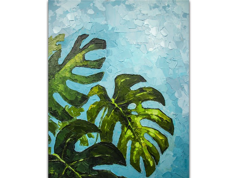 Monstera Painting Tropical Leaf Original Art Floral Artwork Botanical Oil Flower - Posters - Other Materials Green