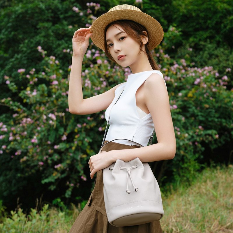 【SPECIAL OFFER】Willow Leather Drawstring Bag - Light Grey - Drawstring Bags - Genuine Leather Gray