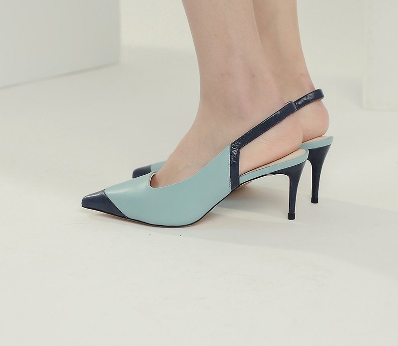 Retro little toe stitching leather high-heeled shoes blue - รองเท้าส้นสูง - หนังแท้ สีน้ำเงิน