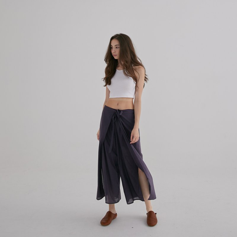 Front tie slit pants - gray - กางเกงขายาว - ผ้าฝ้าย/ผ้าลินิน สีเทา