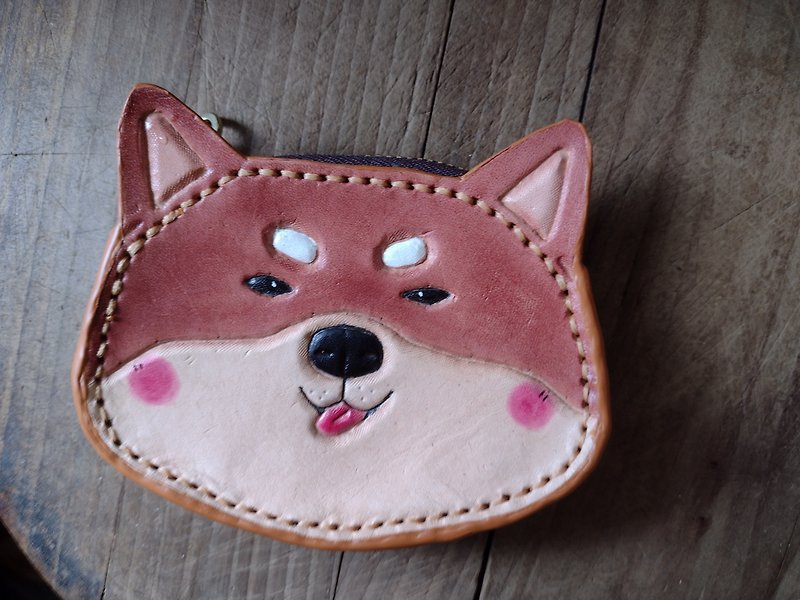 Cute smiling tongue Shiba Inu pure leather coin purse/wallet can be engraved - กระเป๋าสตางค์ - หนังแท้ สีทอง