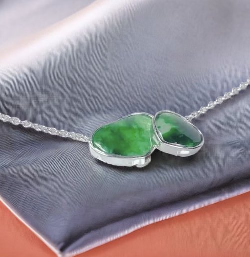 瓔珞珠寶盒 E.L.Jewelry Box 冰飄綠翡翠雙心鎖骨鍊 925純銀 | 天然緬甸A貨翡翠 | 送禮