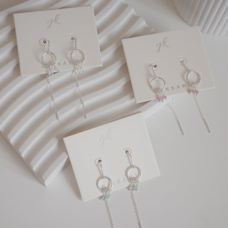925 sterling silver natural Gemstone aquamarine/moonstone/pink crystal long chain earrings birthday gift - Earrings & Clip-ons - Sterling Silver 