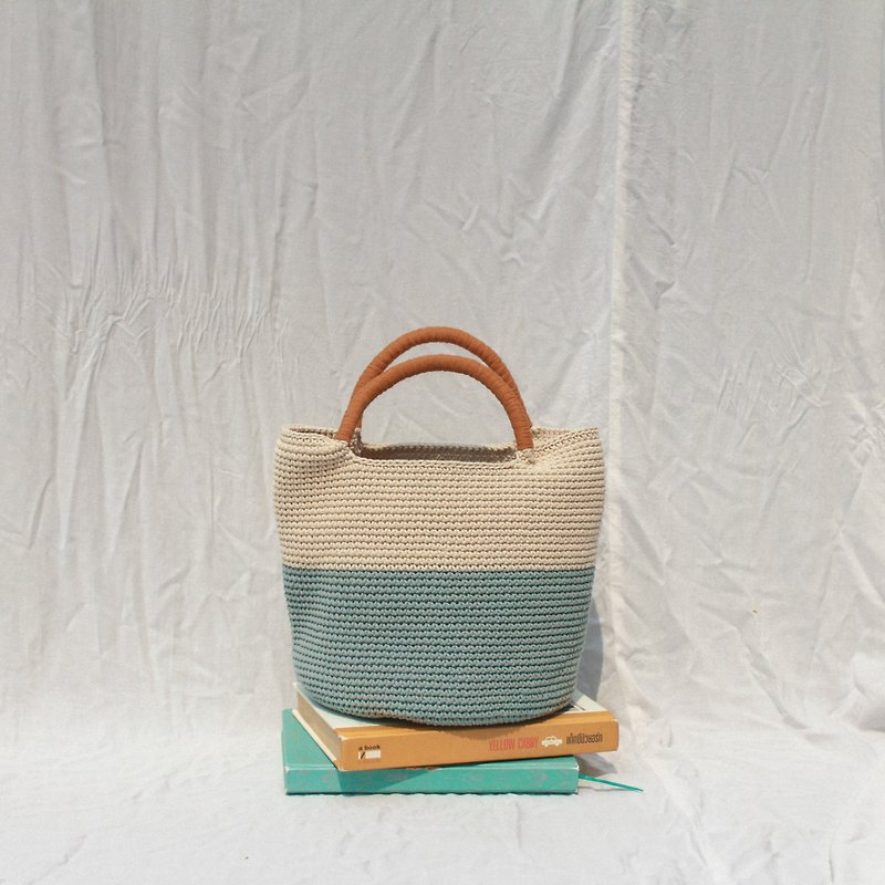 Two Tone (greyish blue & cream) Dark Orange Strap ,Bucket hand bags - Handbags & Totes - Other Materials Multicolor