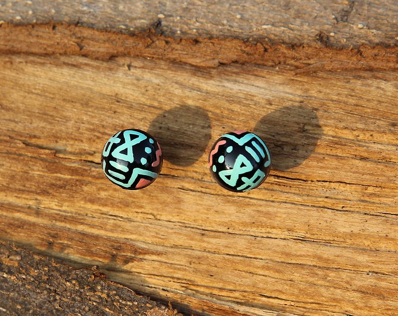 Black round bead earrings geometric totem hand drawn - Earrings & Clip-ons - Plastic Black