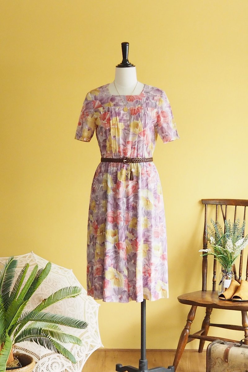 Vintage dress | Size M | Floral pattern cotton dress - ชุดเดรส - ผ้าฝ้าย/ผ้าลินิน สีม่วง