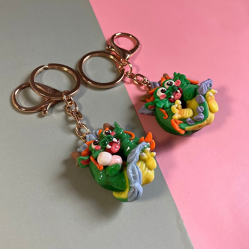 |Customizable| Handmade soft clay cute donut dragon keychain - Keychains - Pottery 