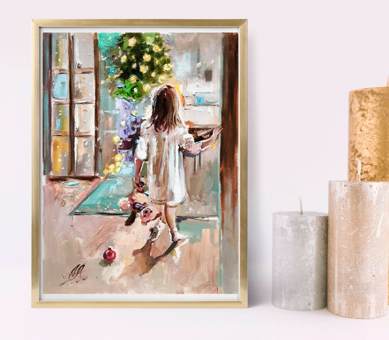 Christmas painting with girl oil on canvas Oil christmas artwork - ตกแต่งผนัง - วัสดุอื่นๆ สีกากี