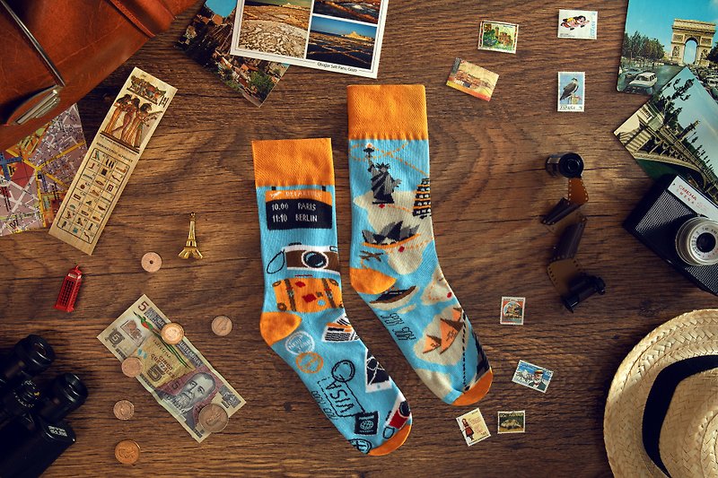 環遊世界 - 不對稱襪子 鴛鴦襪 - 襪子 - 棉．麻 藍色