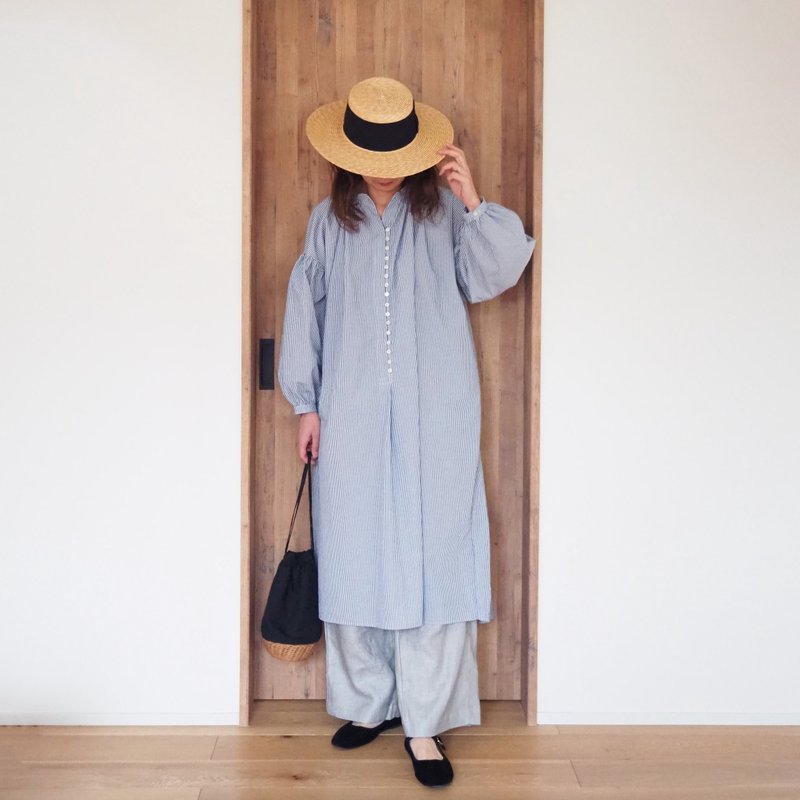 Cotton linen voile button gather One piece / BLUE(stripe) - 洋裝/連身裙 - 棉．麻 藍色