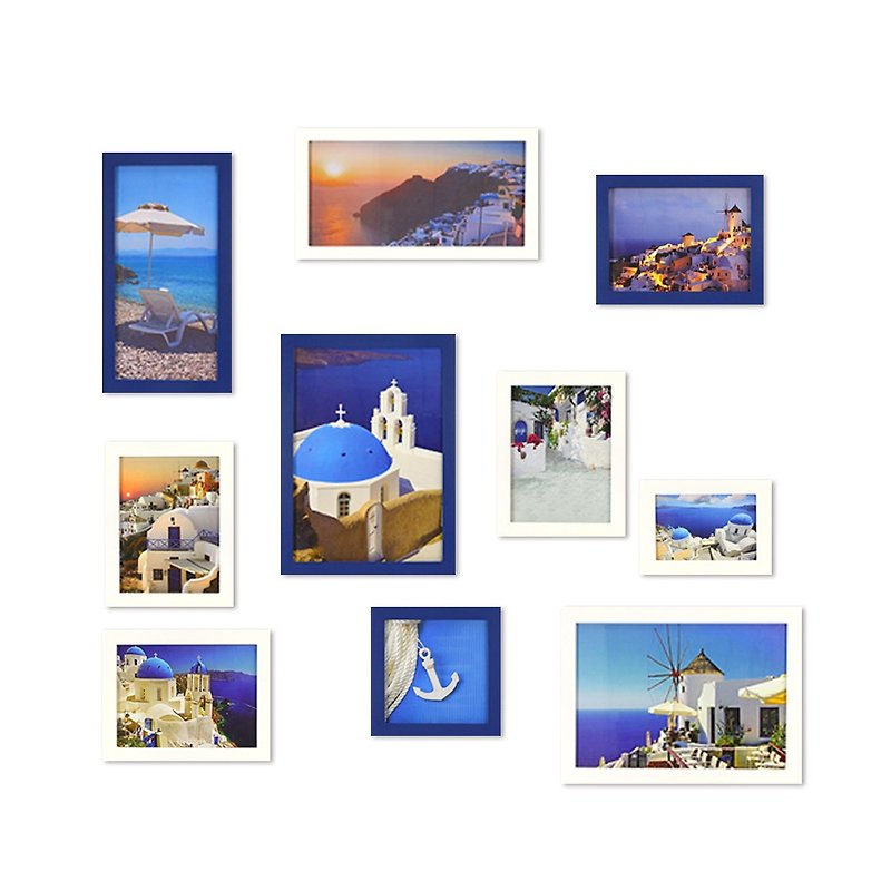 シンプルなフォトフレームブルー+白10を大きなサイズのグループに地中海ギリシャスタイルのインテリアデザインのレイアウト - フォトフレーム - 木製 ブルー