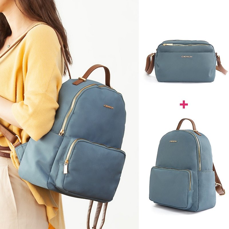 CHENSON value-for-money 2-piece set 7-pocket backpack + 5-pocket crossbody bag (CG84126+CG84131) - กระเป๋าเป้สะพายหลัง - ไนลอน สีน้ำเงิน