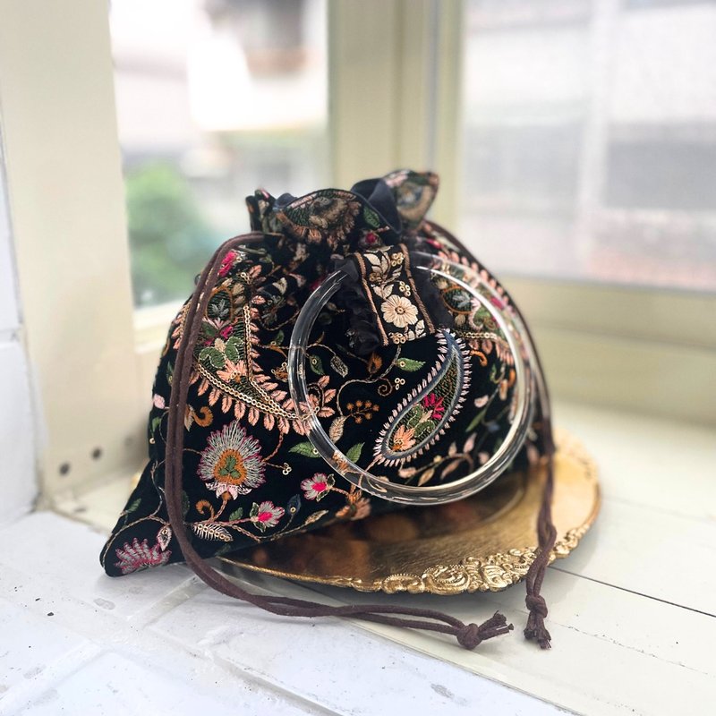 Indian embroidered velvet ring drawstring bag [dark green] - Messenger Bags & Sling Bags - Thread Green