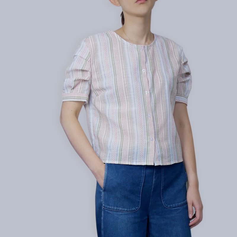 棉麻混紡彩條澎袖上衣 - 女上衣/長袖上衣 - 棉．麻 多色