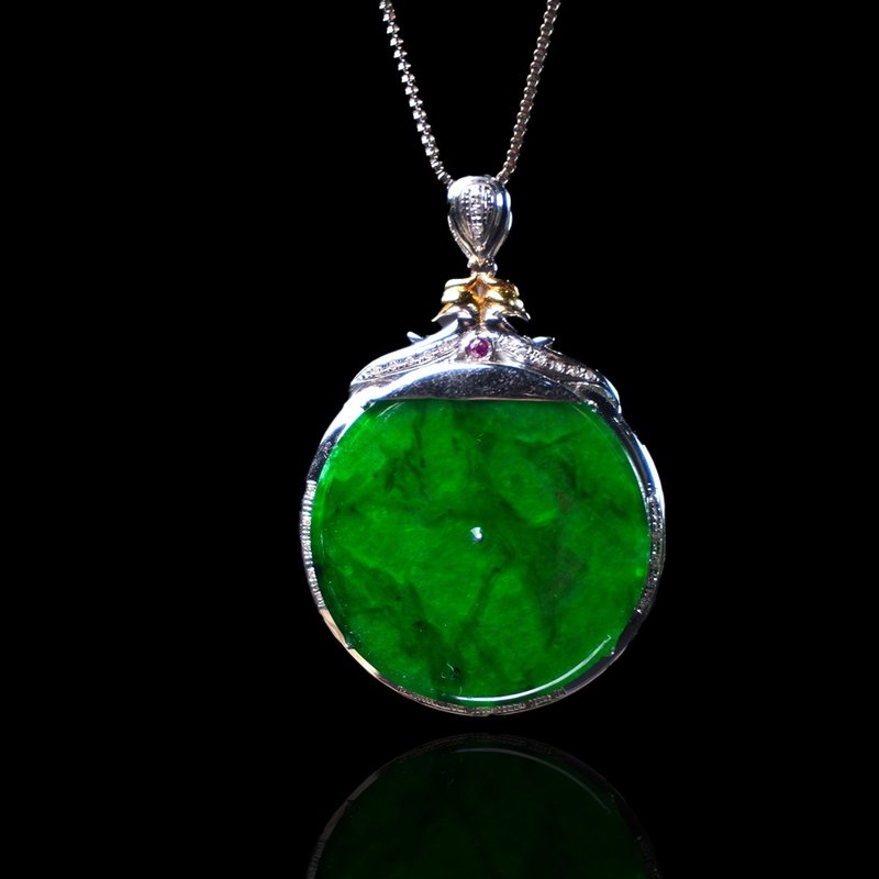 冰種帝王綠翡翠平安扣項鍊 18K金鑽石 | 天然緬甸玉翡翠A貨 |送禮 - 項鍊 - 玉石 綠色