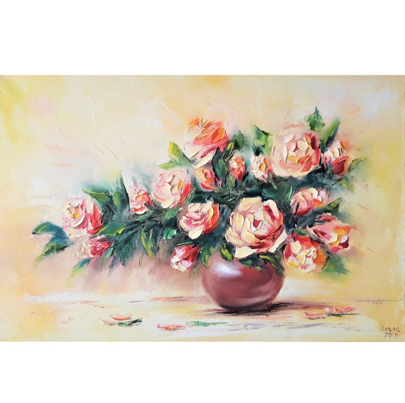 Roses Painting Flowers Original Art Floral Wall Decor 40x60 cm/ 16 by 24 inch - โปสเตอร์ - ผ้าฝ้าย/ผ้าลินิน หลากหลายสี