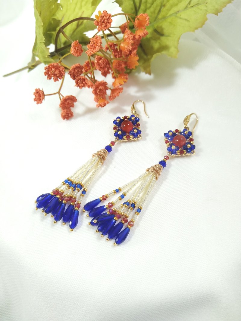 Antique series [tassel] hook earrings agate can be changed to clip style - Earrings & Clip-ons - Semi-Precious Stones Multicolor