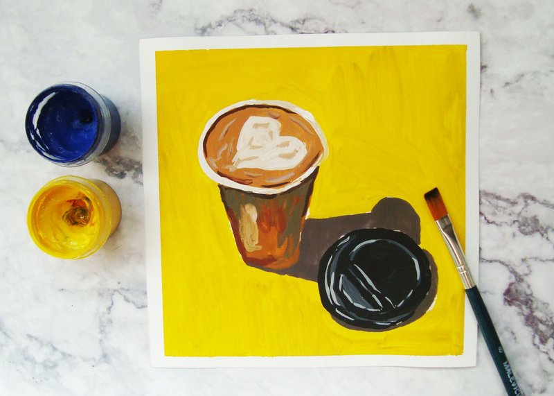 Gouache painting Coffe with cream in cup still life, Original Art - Wall Décor - Paper Yellow