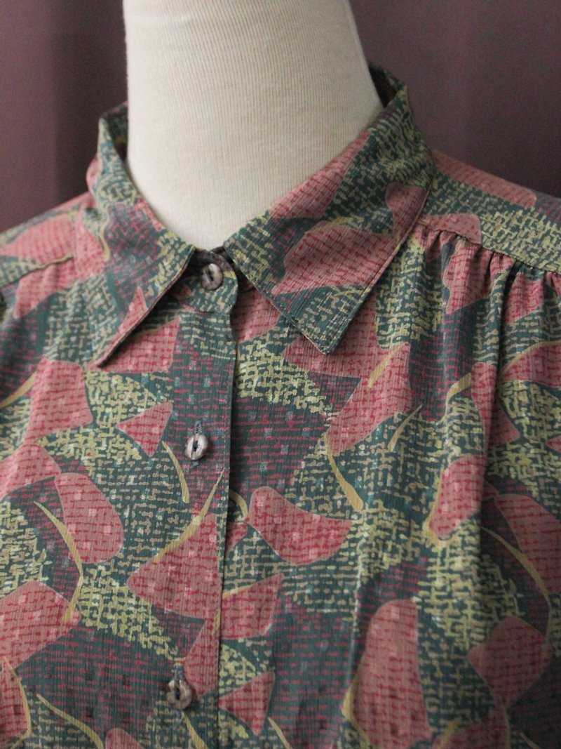 復古典雅幾何印花灰紫色寬鬆長袖古著襯衫 Vintage Blouse - 女襯衫 - 聚酯纖維 綠色